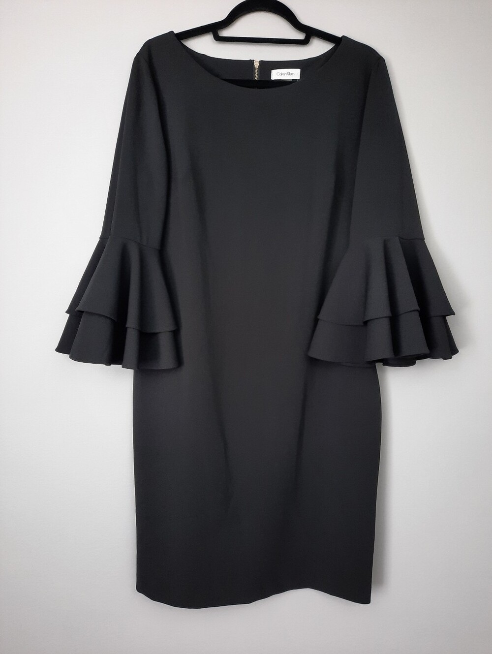 Calvin Klein Solid Black 3/4 Tiered Flare Sleeve Sheath Dress size 16